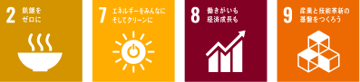 2 飢餓をゼロに / 7 エネルギーをみんなにそしてクリーンに / 8 働きがいも経済成長も / 9 産業と技術革新の基盤をつくろう