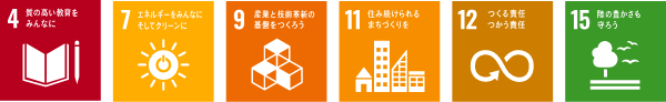 4 質の高い教育をみんなに / 7 エネルギーをみんなにそしてクリーンに / 9 産業と技術革新の基盤をつくろう / 11 住み続けられるまちづくりを / 12 つくる責任つかう責任 / 15 陸の豊かさも守ろう