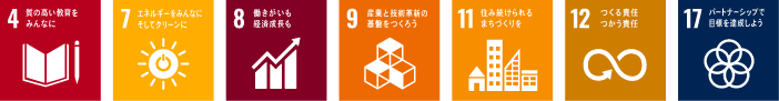 4 質の高い教育をみんなに / 7 エネルギーをみんなにそしてクリーンに / 8 働きがいも経済成長も / 9 産業と技術革新の基盤をつくろう / 11 住み続けられるまちづくりを / 12 つくる責任つかう責任 / 17 パートナーシップで目標を達成しよう